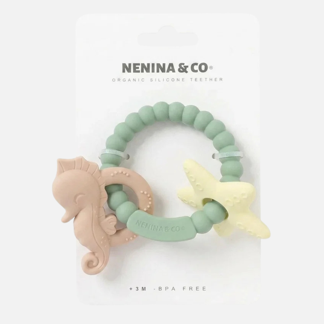 Anneau de dentition bébé en silicone bio vert marine (+3M) Soulagement des gencives - Nenina & Co