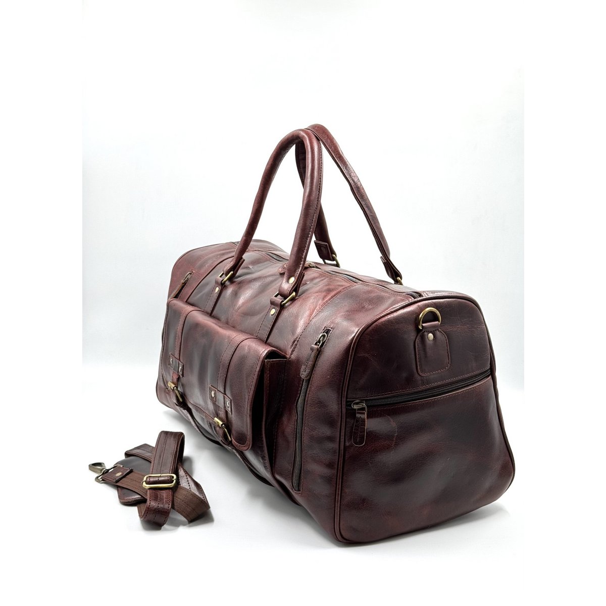Handmade Moroccan Leather Travel Bag – Artisan 6-Pocket "Burgundy Wine" Duffle with Dedicated Shoe Compartment