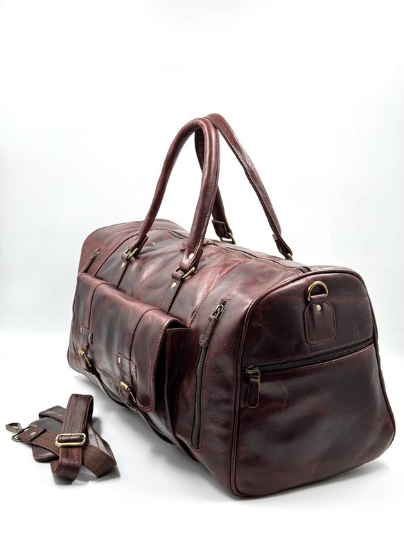 Handmade Moroccan Leather Travel Bag – Artisan 6-Pocket "Burgundy Wine" Duffle with Dedicated Shoe Compartment