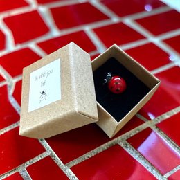 Red ladybug glass figurine in beige kraft paper box, decorative jewelry storage