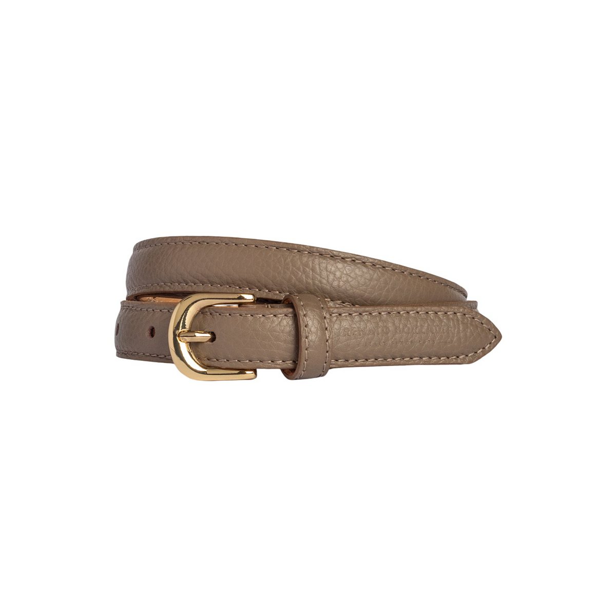 RB4021AQ | Women's Belt Made in Italy in Genuine Dollar Grained Leather. Buckle in shiny gold finish. Taupe color. Dimensions: 115 x 2.0 x 0.5 cm (waistline 100 cm)