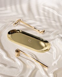  Gold metallic candle care set with wick trimmer, snuffer, and dipper tools. Elegant luxury accessories.