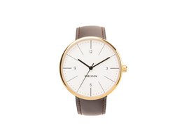  Elegant watch with a stainless steel case, white dial, and brown leather strap. Suitable for formal and casual wear.