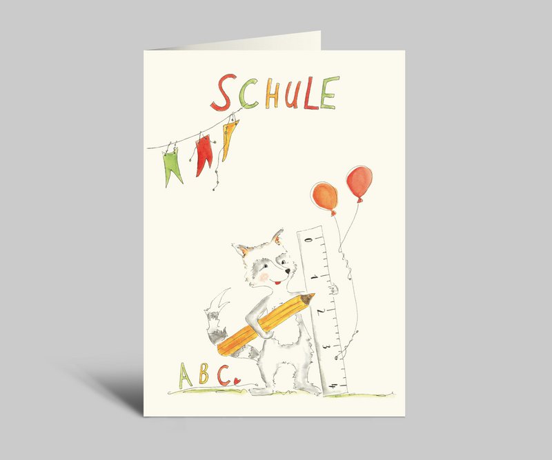 Folding card for school enrollment | Cute raccoon on the first day of school | Pen and ruler