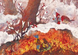 A colorful winter landscape with a red-cloaked figure walking through a snowy forest. The scene features vibrant orange and red foliage, bare trees, and a snowy ground.