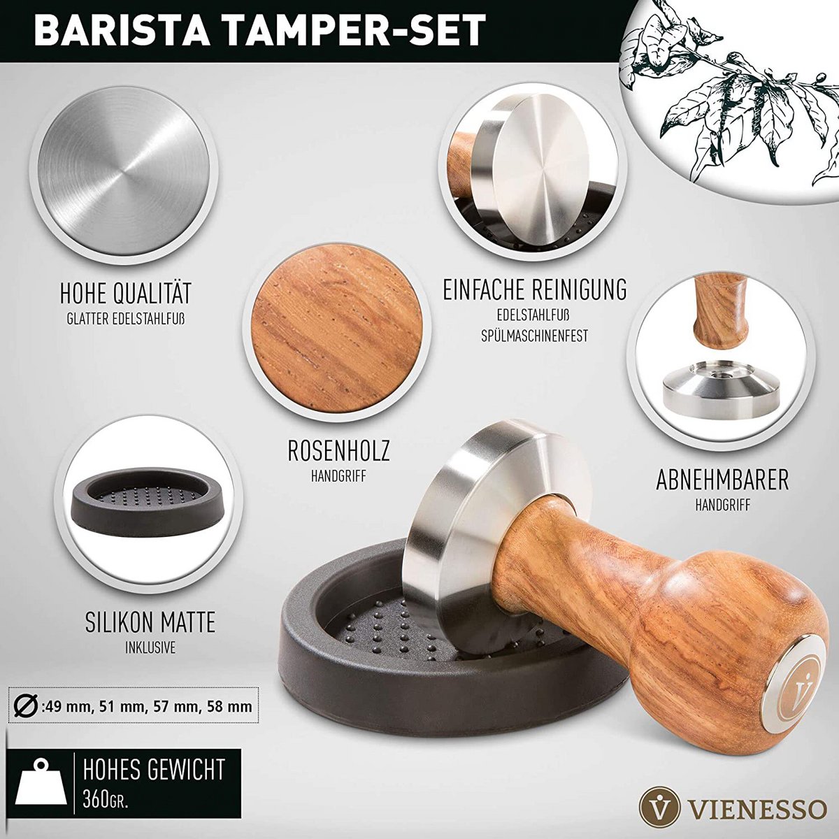 Formål med ædle træhåndtag - Espresso -stempel til barista inklusive Mat