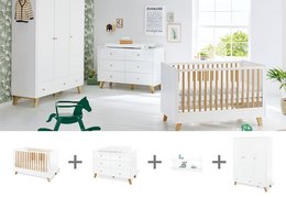 A modern, minimalist nursery set featuring a crib, changing unit, wardrobe, and wall shelf in a neutral color palette. The crib has a slatted wooden design with a clean, contemporary style.