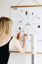 A rectangular yoga mat with a white background and various images and text pinned to it, creating a "dream board" or vision board.