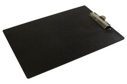 Black clipboard with metal clip. Rectangular shape, suitable for office use.
