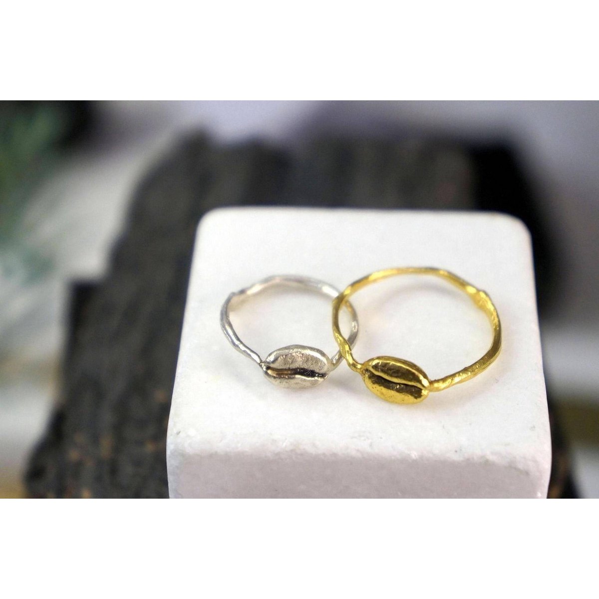 Real Coffee Bean Ring, Handmade Minimalist Jewelry, Organic Dainty Band, Gift for Health & Warmth, Gold or Sterling Silver 925 (Unisex)