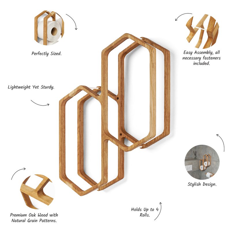Toilet Paper Holder for Wall Mounting, Wooden Bathroom Storage Rack for 4 Rolls, Compact Organizer for Bathrooms