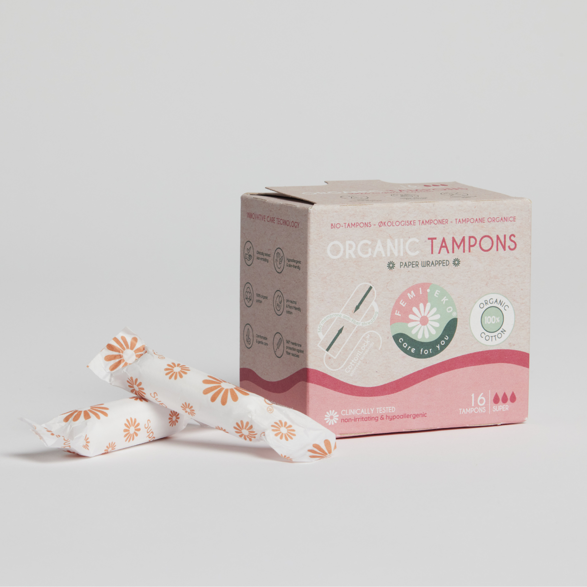 Femi.eko® Tampones de algodón orgánico - Super - 16 PCS