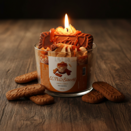 Vela de postre gourmet LAVURI LOTUS BISCOFF, espuma de cera de soja y decoración detallada, bio vegana de Europa, hecha a mano en Portugal