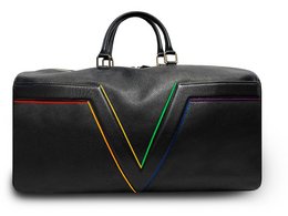 Black leather travel bag with rainbow-colored trim and zipper accents. Rectangular shape with dual handles for easy carrying.