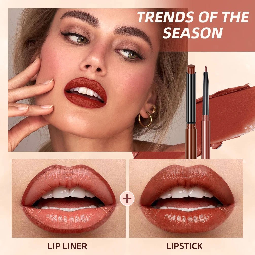 QIBEST 2pcs Lipstick Lipliner Pen Set Matte Fluwelen Lip Liner Potlood Contour Make-Up Sexy Rode Lip Stick Langdurige cosmetica
