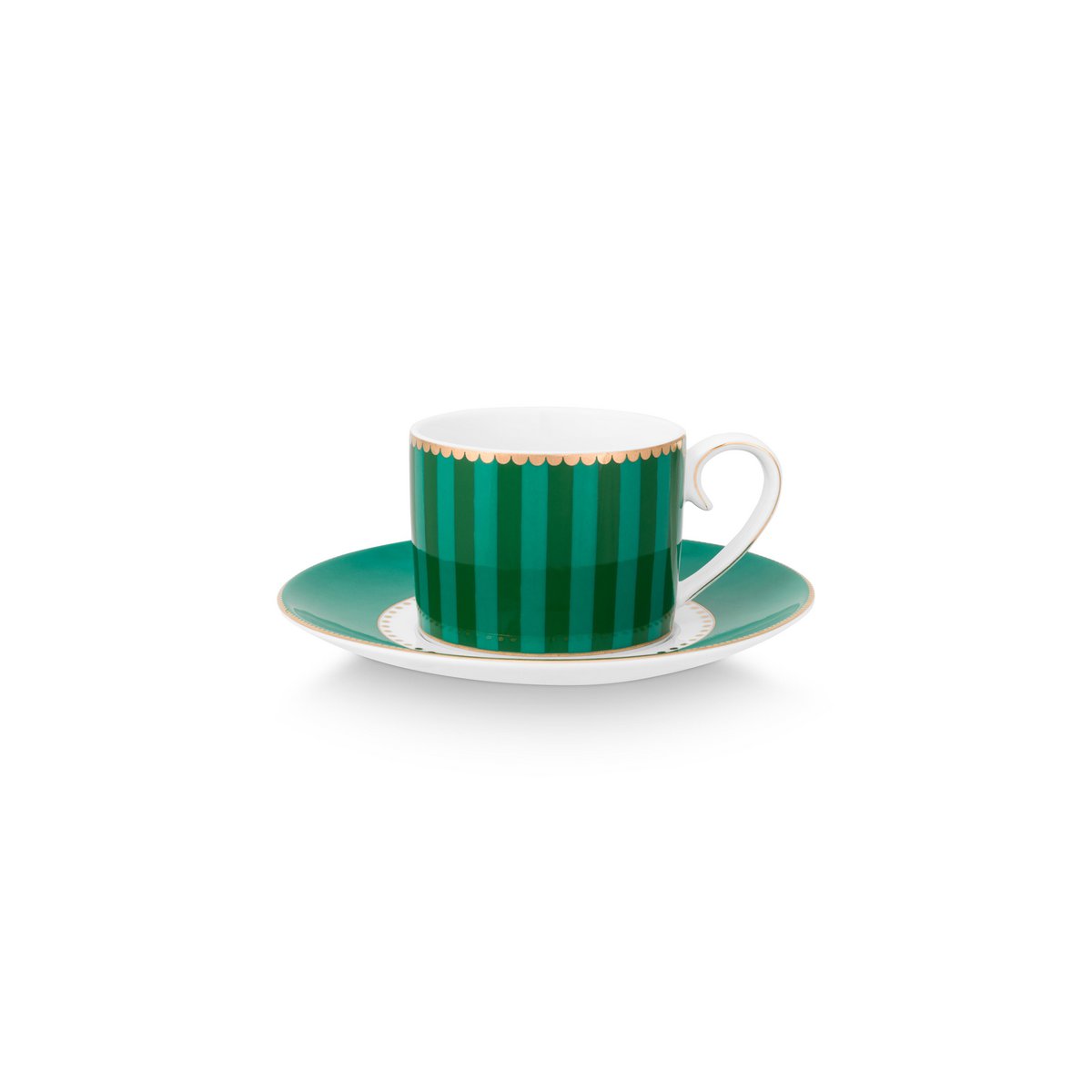 Set/2 Espresso Cups & Saucers Love Birds Stripes Emerald-Green
