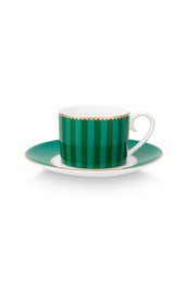 Set/2 Espresso Cups & Saucers Love Birds Stripes Emerald-Green