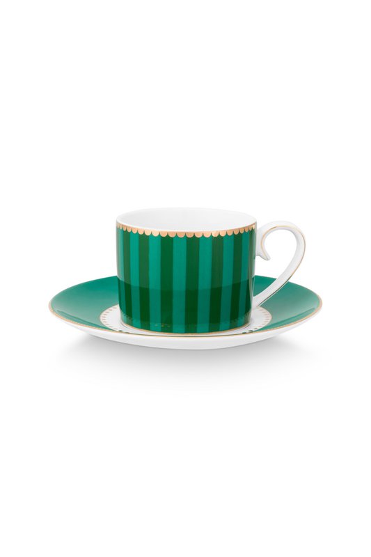 Set/2 Espresso Cups & Saucers Love Birds Stripes Emerald-Green