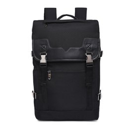 Black backpack with multiple pockets and straps for versatile storage and carrying.