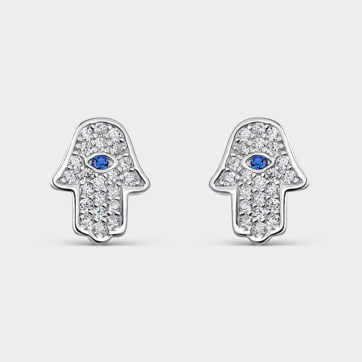BLUE AND SILVER ZIRCONIA HAND OF FATIMA EARRINGS