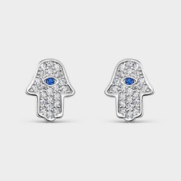 BLUE AND SILVER ZIRCONIA HAND OF FATIMA EARRINGS