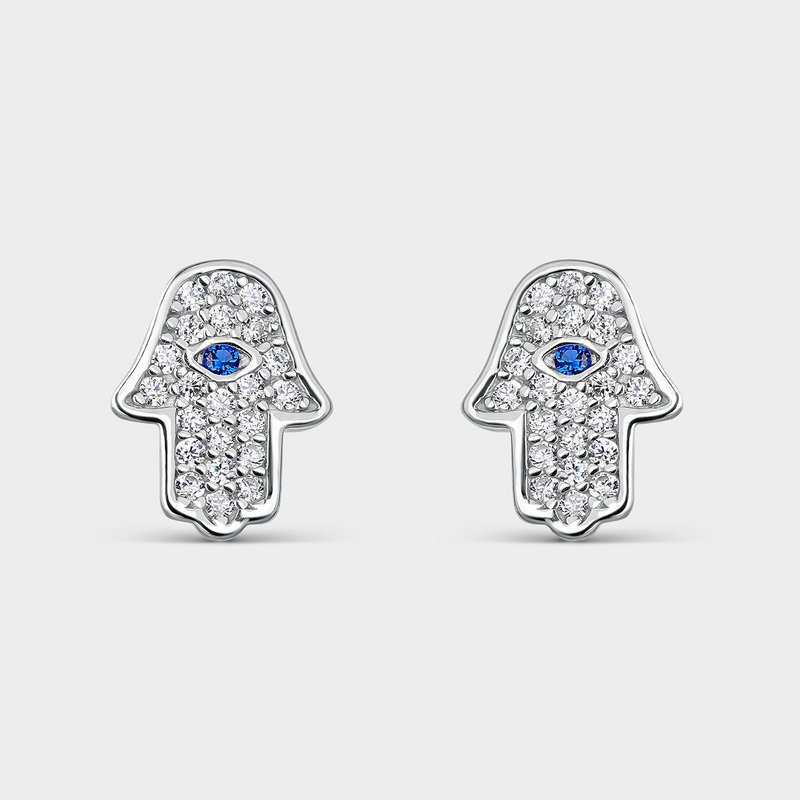 BLUE AND SILVER ZIRCONIA HAND OF FATIMA EARRINGS
