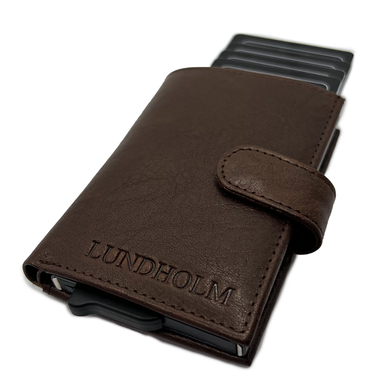 Etui na karty Lundholm wysuwane - z przegródką na monety, banknoty - skórzane etui na karty wysuwane etui na karty kredytowe męski prezent dla mężczyzny męskie prezenty prezent na dzień ojca prezent na dzień ojca koniak brązowy czarny