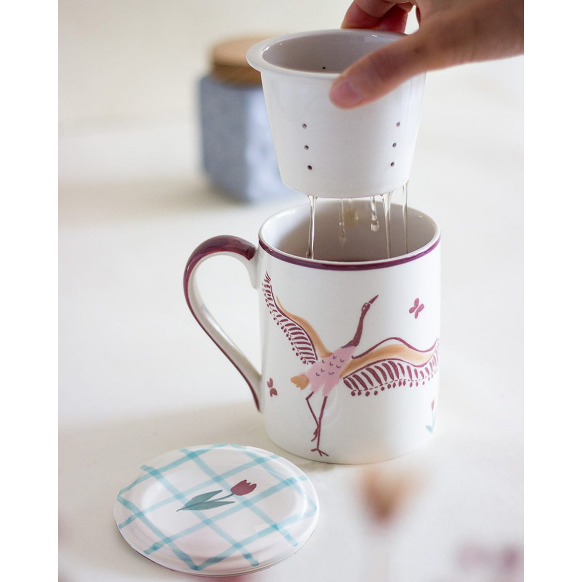 Handpainted Ceramic Mug - Infuser, Lid, 410ml
