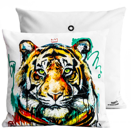 Vibrant, colorful cushion featuring a striking tiger design. Made of velvet material, available in two sizes (40x40cm and 60x60cm). The bold, abstract tiger print adds a modern, artistic touch to any living space.