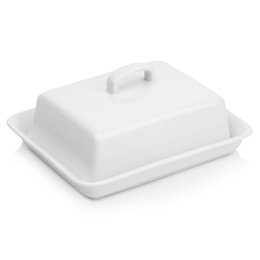 White ceramic butter dish with a lid, suitable for storing and serving butter.