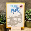 Carte Letterpress Bonne Fête Papa Trompette, bleue (avec enveloppe)
