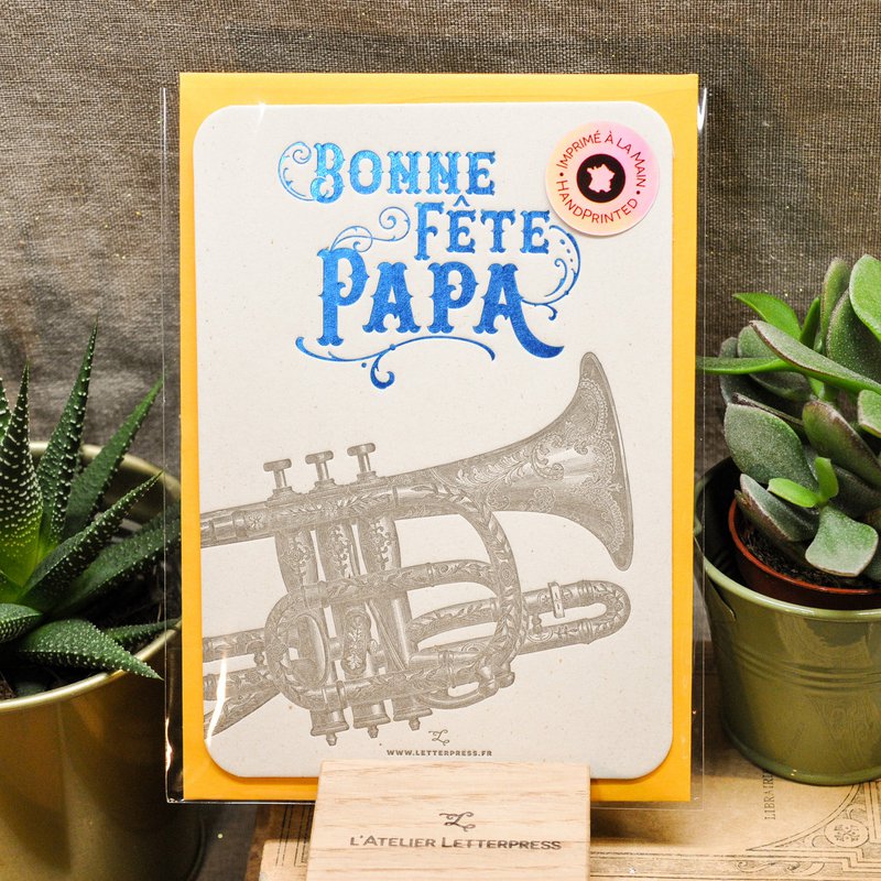 Letterpress card Happy birthday dad trumpet, blue (with envelope)