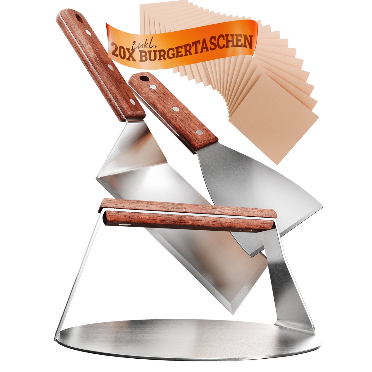 Burger Smasher & grill spatula set [4-pc.] Stainless steel with acacia wood handle for Plancha, grill plate, gas grille & fire plate
