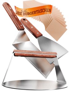 Burger Smasher & grill spatula set [4-pc.] Stainless steel with acacia wood handle for Plancha, grill plate, gas grille & fire plate