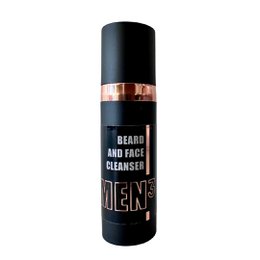 Black bottle with gold text labeled "MEN³ Beard and Face Cleanser" for beard care.