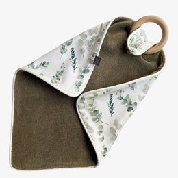 Olive green pacifier cloth with floral pattern and teether. Made of soft, absorbent material for baby's comfort.
