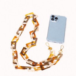  Long phone chain in brown, pink, and multicolor. Adjustable length, durable material, and stylish design for convenient phone carrying.