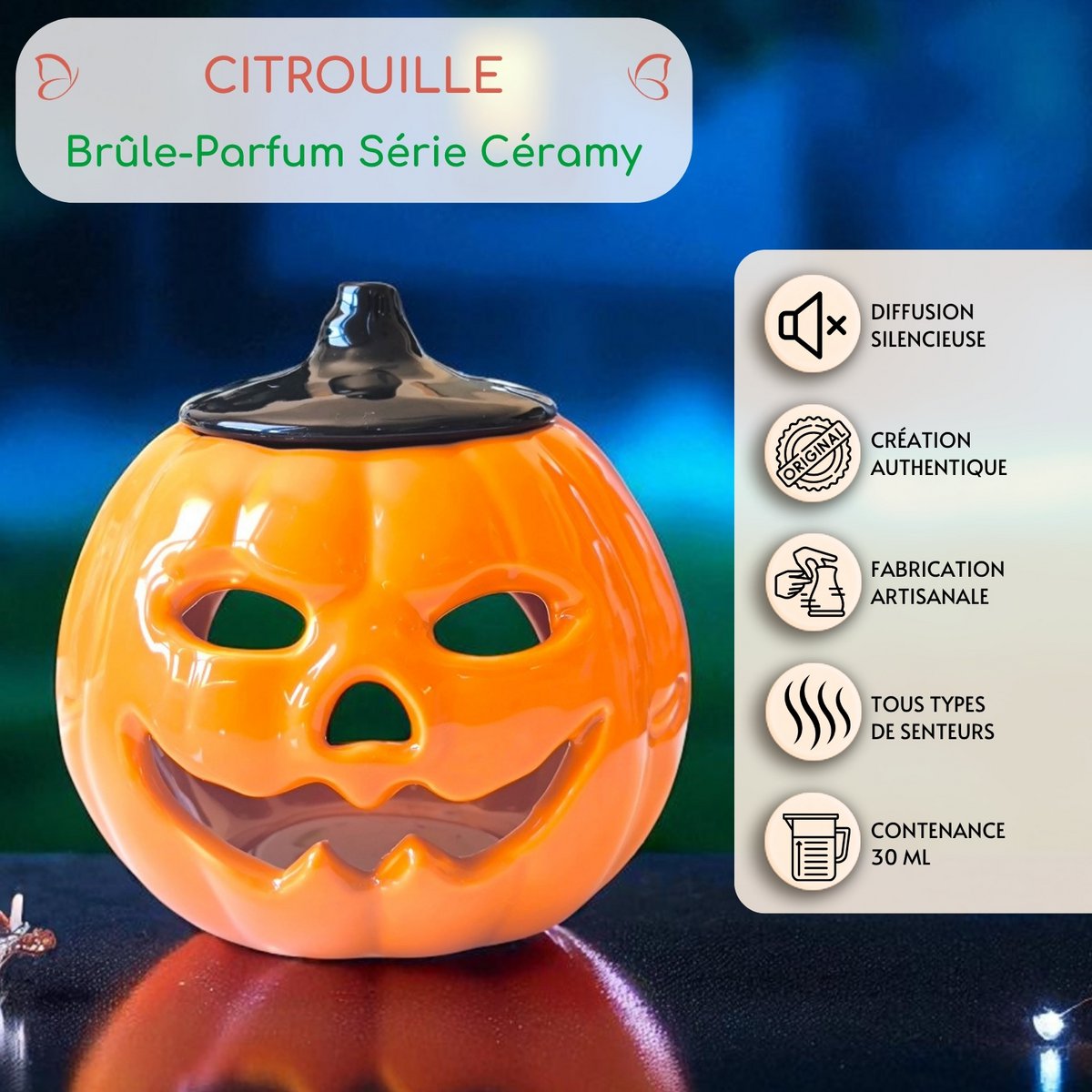 Bruciatore di incenso di zucca in ceramica – Diffusore di oli essenziali, cere e profumi – 12 cm – Lavorazione artigianale – Ambiente Zen