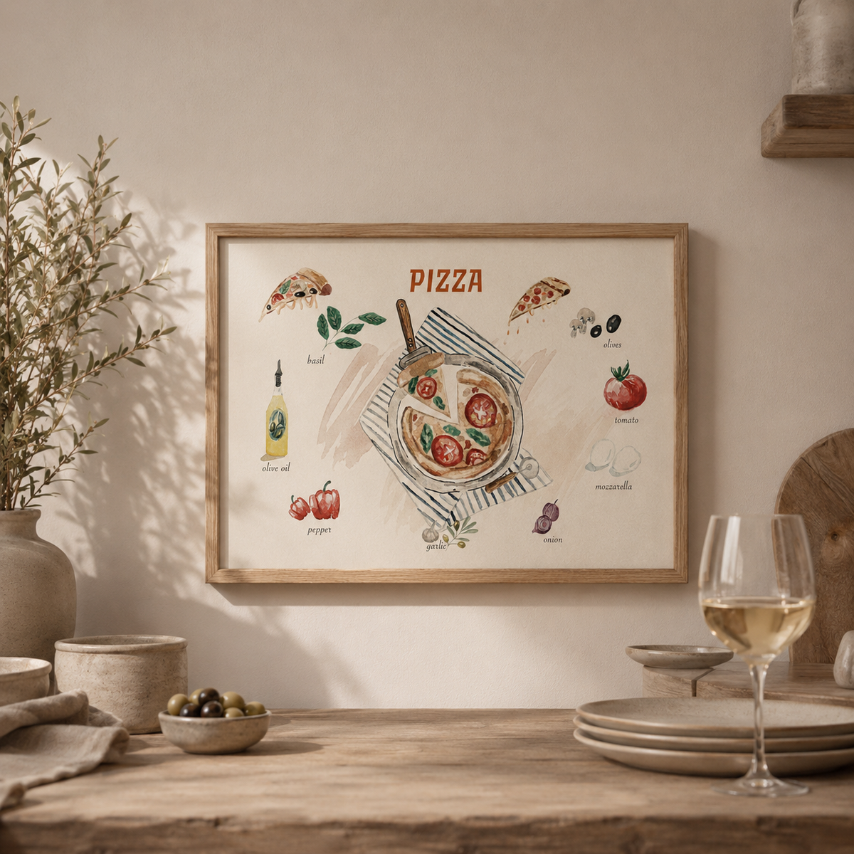 Akvarel Pizza Plakat Køkken Vægkunst