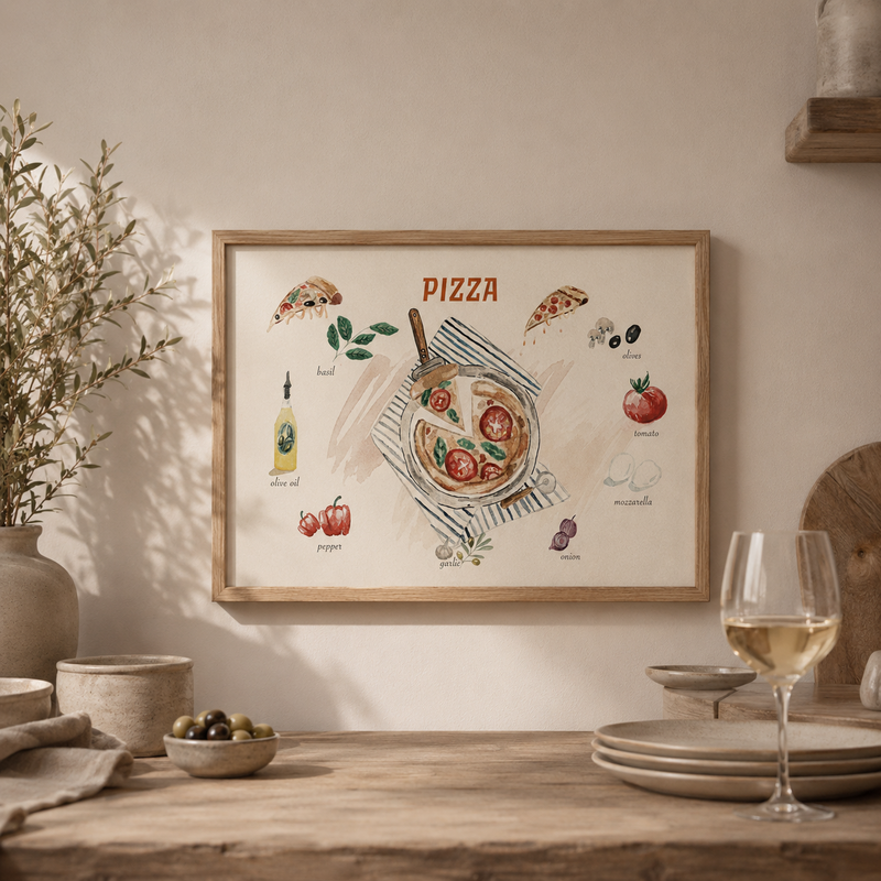 Akvarel Pizza Plakat Køkken Vægkunst