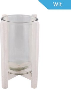 Lantern on a wooden base of WDMT ™ | Ø 19 x 27.5 cm | Glass candle holder with a wooden frame | Lantern, windlight or candle holder | White