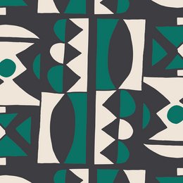 Outdoor cushion with a geometric pattern in shades of green, gray, and white. The pattern features a mix of shapes including circles, rectangles, and triangles, creating a modern and stylish design.
