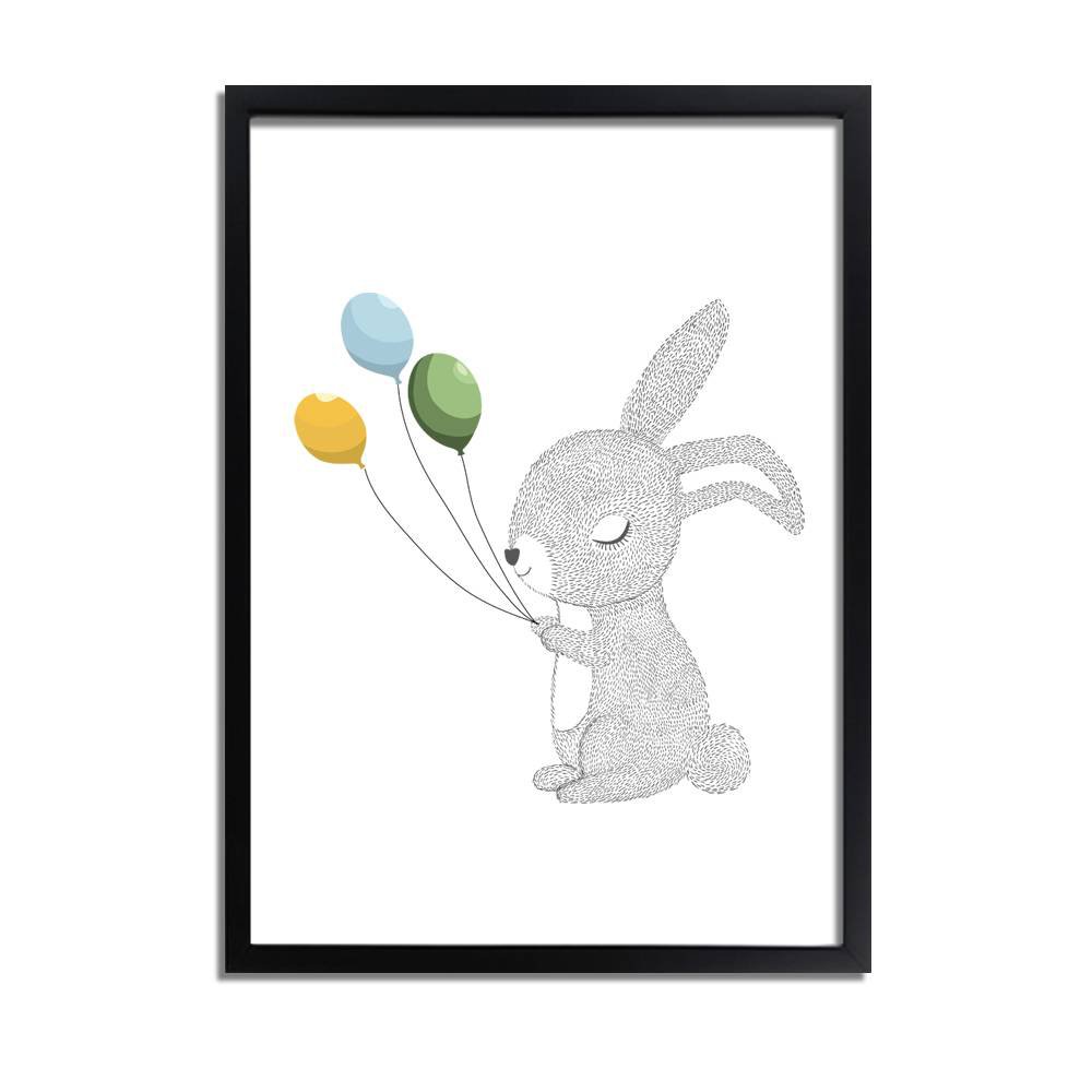 Kids room poster rabbit with balloons - Yellow blue green
