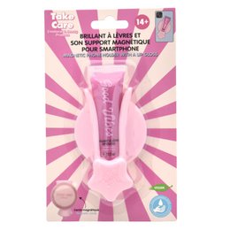 Pink Glitter Lip Gloss med magnetisk holder til smartphone Pas på