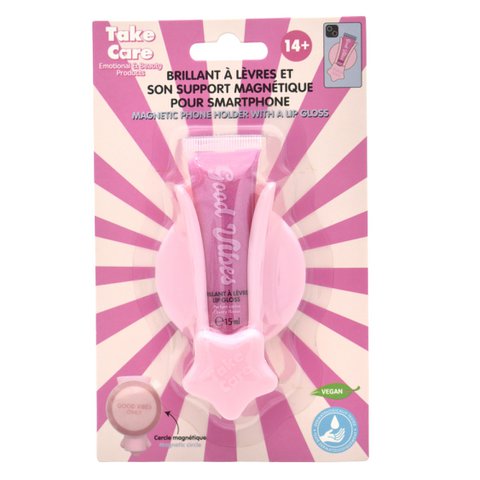 Pinker Glitzer-Lipgloss mit Magnethalterung für Smartphone Take Care
