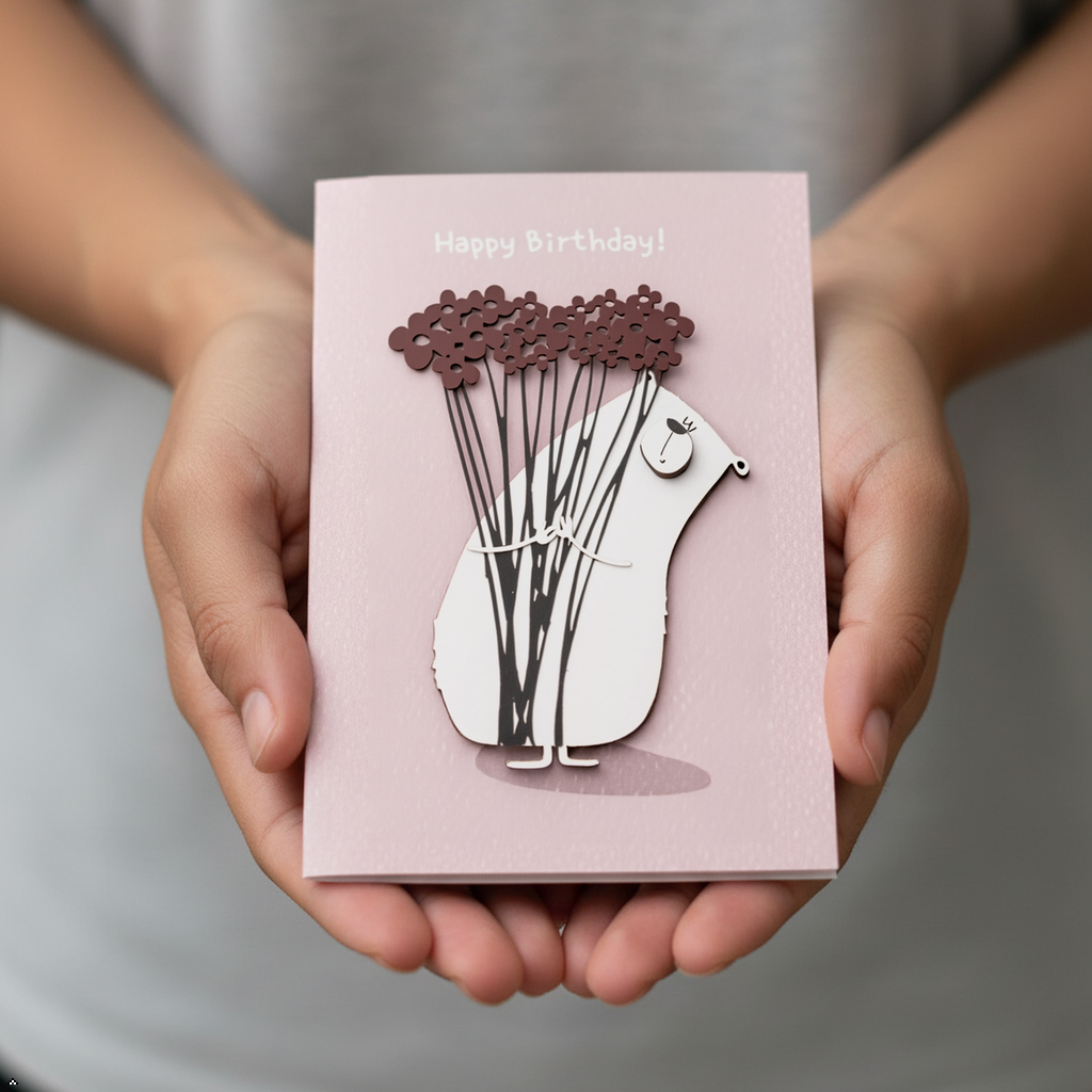 Drewniana kartka urodzinowa Miś z bukietem kwiatów – ręcznie wykonana w 3D