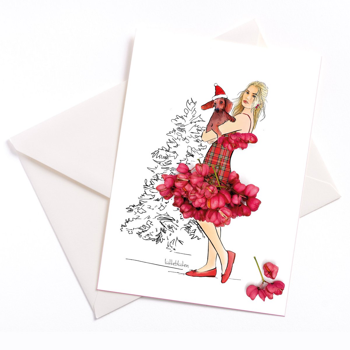 Tarjeta navideña «Dachshund & Blossom Skirt» – saludos florales con encanto