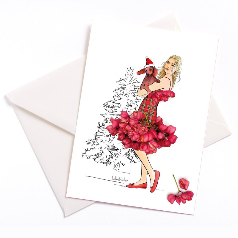 Christmas card “Dachshund & Blossom Skirt” – floral greetings with charm
