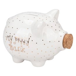 White ceramic pig piggy bank with gold dots, cork tail, text design, savings container.