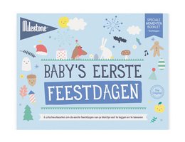 Colorful photo booklet for baby's first holidays with festive icons and illustrations.